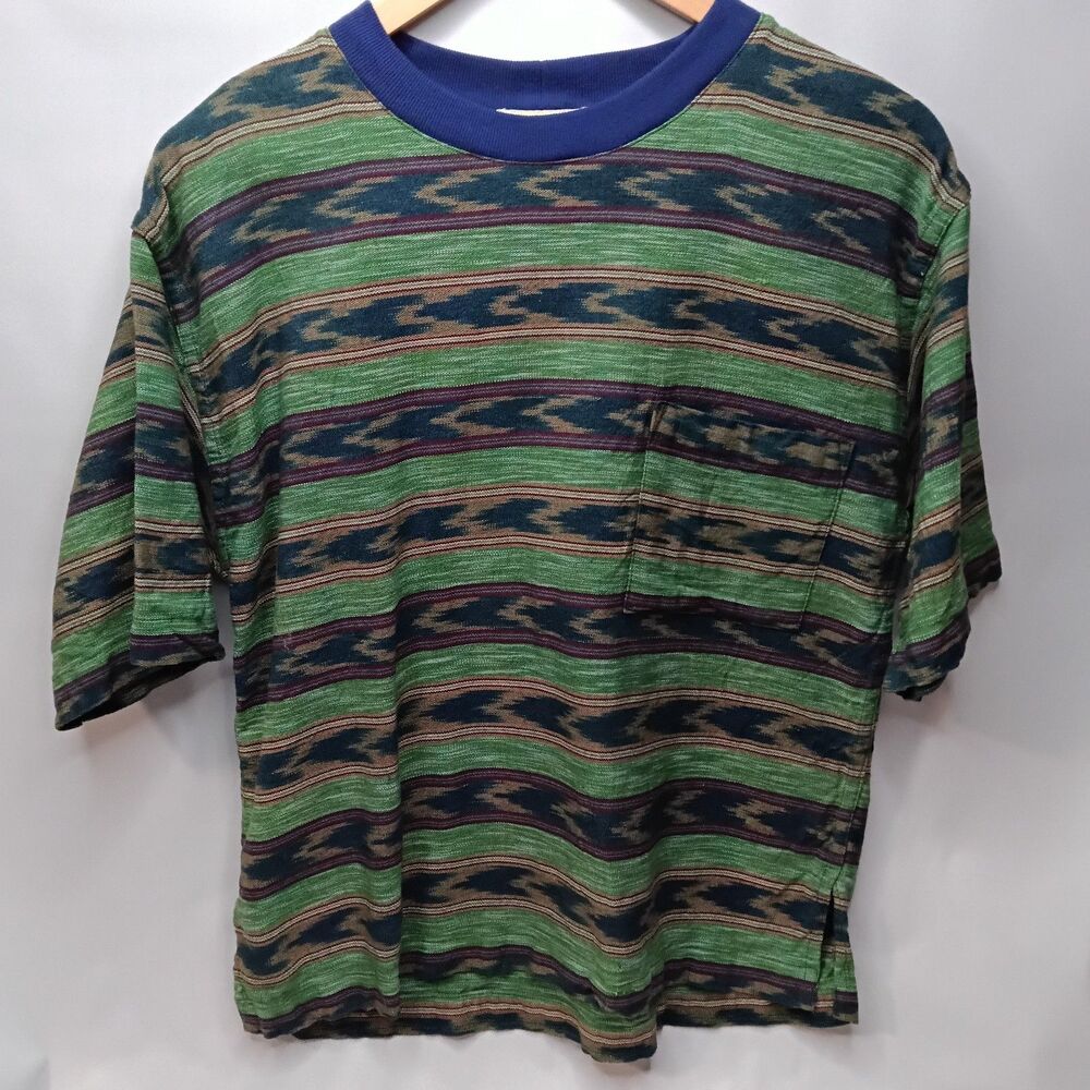 Mayatex Woven T-Shirt Men's Medium Green/Blue Breast Pocket Hand Made EUC